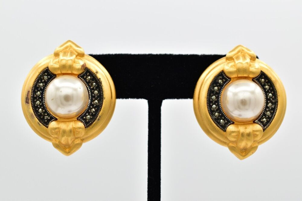 Judith Jack Vintage Clip On Earrings Gold Sterling Silver Marcasite Signed 9M